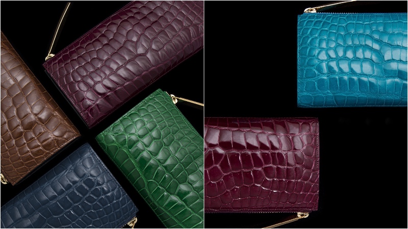 カラークロコダイルシリーズの各アングルからの財布（グレープ）