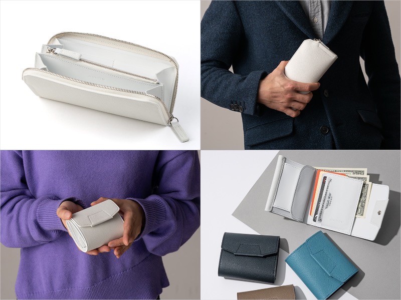 JINMON・PRAGシリーズのホワイトカラーの長財布と三つ折り財布