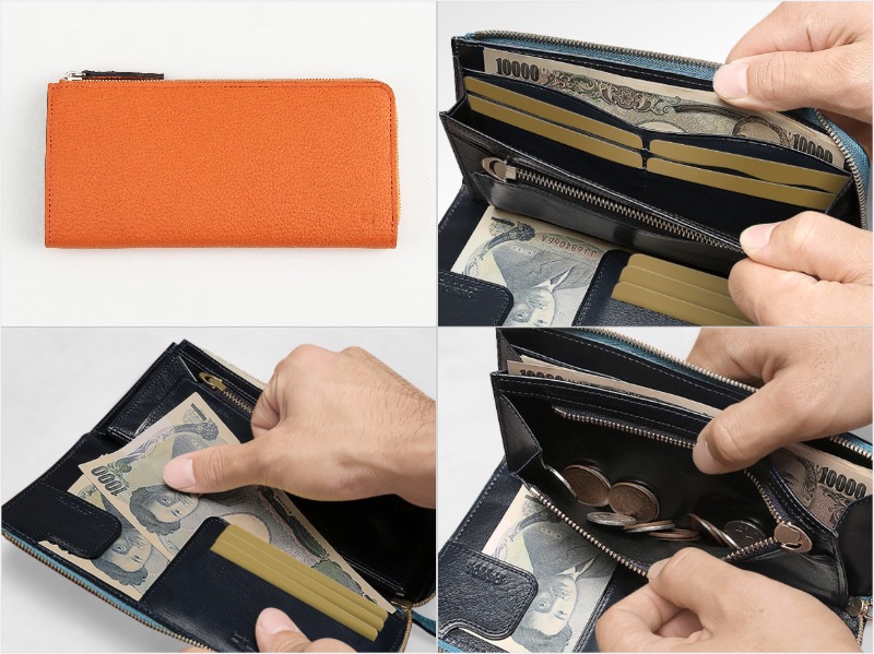 オレンジカラーのシュランケンカーフL字ジップ長財布・レディオアオーダーの外装と収納ポケット