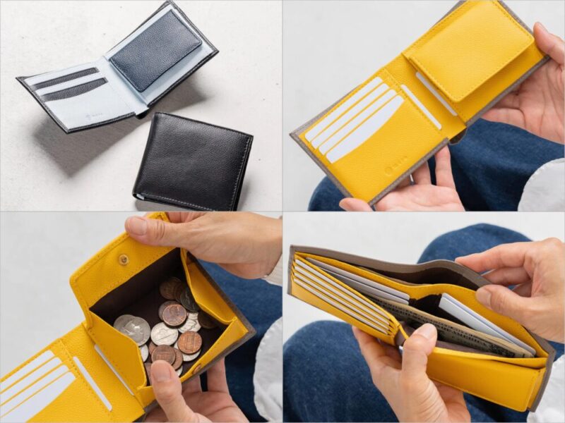 MURA・牛革ツートンカラー隠しポケット付スリム二つ折り財布のカード収納部と各部