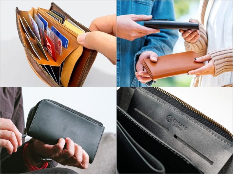 SMITHカードが立つ日本製栃木レザー長財布のカードポケット部と外装部