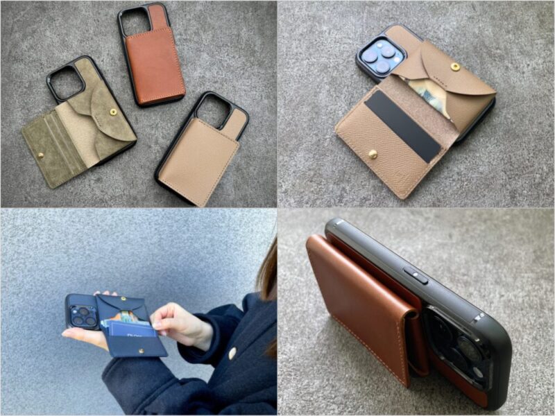 iPhoneケース一体型ウォレットMottoの外観とカードポケットとお札が入るフリーポケット