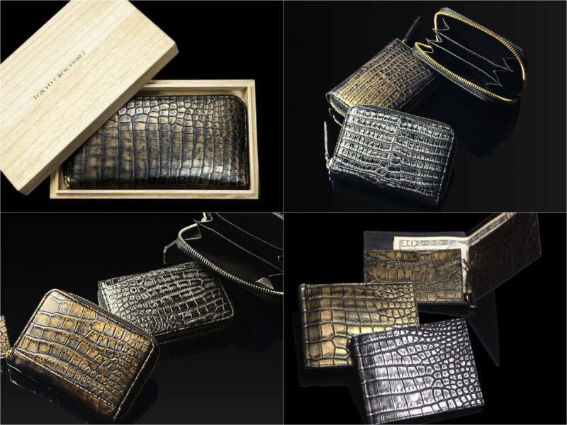 ゴールドが映える風神雷神シリーズの国産クロコダイル革財布各種