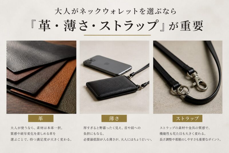 大人がネックウォレットを選ぶなら「革・薄さ・ストラップ」が重要