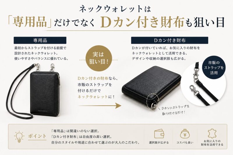 ネックウォレットは「専用品」だけでなくDカン付き財布も狙い目