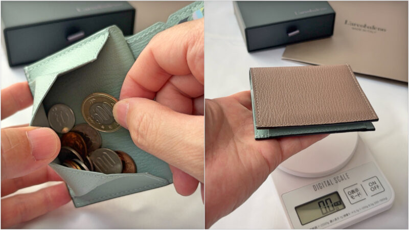 ラルコバレーノのスナップタイプ二つ折りミニウォレット。マチ付き小銭入れから硬貨を取り出す様子と、手に持ったコンパクトな財布の外観