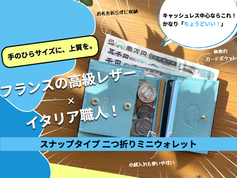 紙幣・小銭・カードを収納したラルコバレーノ スナップタイプ二つ折りミニウォレット TORTORA×MINT GREENの実購入レビュー