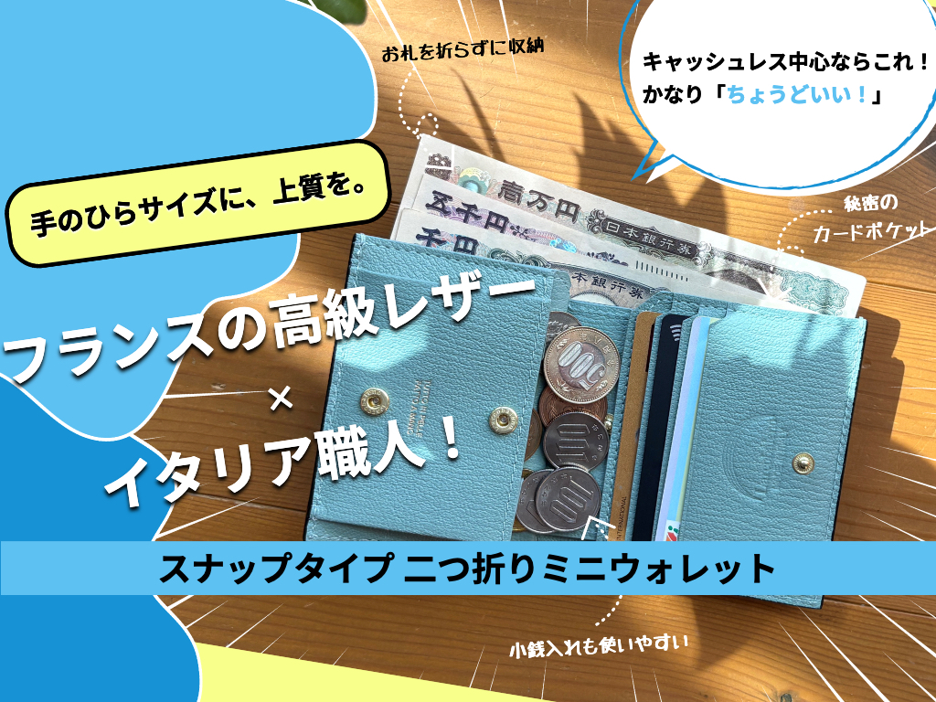 紙幣・小銭・カードを収納したラルコバレーノ スナップタイプ二つ折りミニウォレット TORTORA×MINT GREENの実購入レビュー