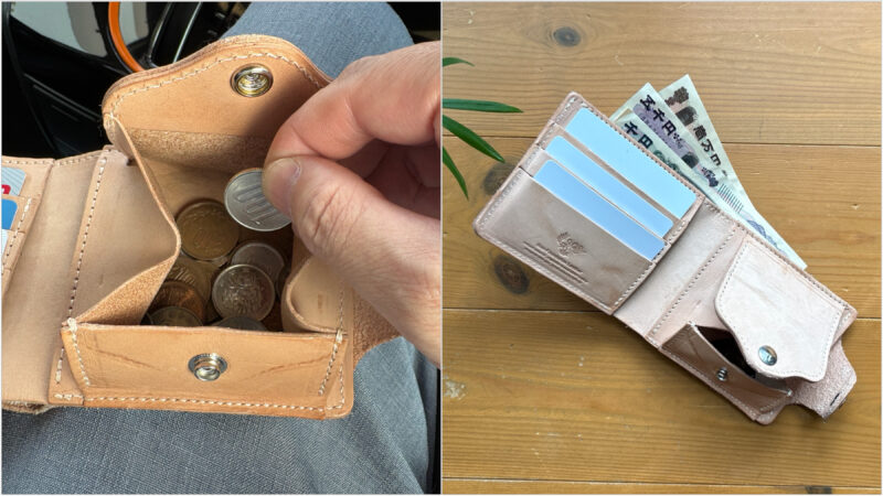 LAST Drip Designsの本ヌメ革2つ折り財布。ボックス型小銭入れから硬貨を取り出す様子と、お札やカードを収納した内装
