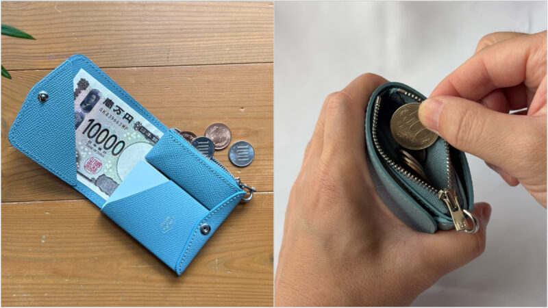 ATELIER MOKUの小さく薄い財布SAKU。お札とカードの収納状態と、浅型小銭入れを開いて硬貨を取り出す様子
