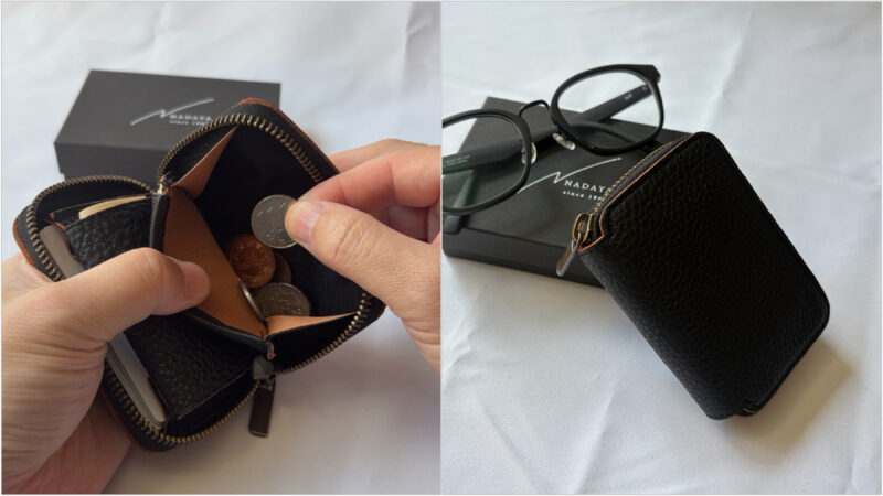 NADAYA mu Rファスナーコンパクト財布(茶芯)。180度開いた財布のマチ付き小銭入れから硬貨を取り出す様子と、ブラックの革財布の外観